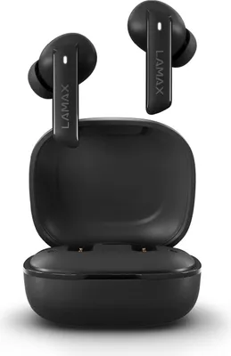 A pair of black wireless earbuds and their charging case are displayed against a white background.