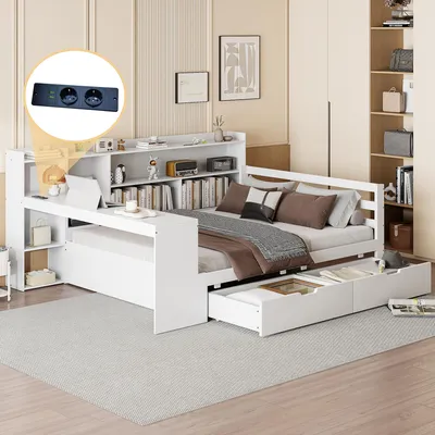 Zdjęcie produktu dla Sofa rozkładane 140x200 cm z biurkiem, regałem na książki, półkami, schowkami, 2 szufladami i gniazdkiem elektrycznym, łóżko dwuosobowe, wykonane z drewna litego, wielofunkcyjne łóżko, kolor biały