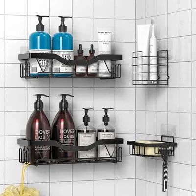 Produktbild von Famanu Duschregal Set 4-teilig, bohrfrei, selbstklebend, Badezimmer Organizer, schwarz