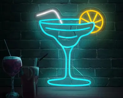 Image de NEON LED Light, lampe murale décorative, verre cocktail avec citron, bleu jaune, env. 38 x 33,3 cm