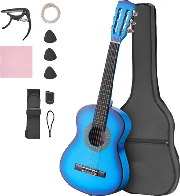 Immagine prodotto di SucceBuy chitarra classica, 780 mm, set iniziale di chitarra classica in legno per principianti, con corde in nylon, borsa per il trasporto, tracolla, accordatore, corde di ricambio, plettri, capotasto, legno di basso, per principianti, blu