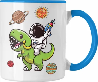 Produktbild von Trendation - Dinosaurier T-Rex Astronaut Weltall Tasse Grafik Geschenk Lustig (Blau)