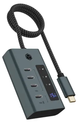 Produktbild von ICY BOX IB-HUB1454-C31, 4 Port Type-C USB 3.2 Gen 2 Type-C Hub, Aluminiumgehäuse, USB 3.2 Gen 1 (3.1 Gen 1) Type-C, USB 3.2 Gen 2 (3.1 Gen 2) Type-C, USB Typ-C, 10000 Mbit/s, Blau, Grau, Aluminium, 20 W