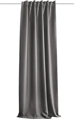 A gray curtain hanging from a rod.