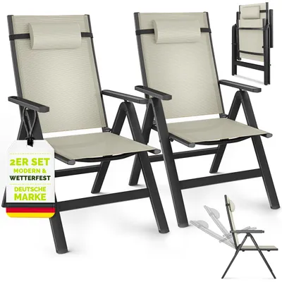 Image de Chaise de jardin Tillvex Premium, lot de 2, beige, pliable, en aluminium | Dossier haut avec accoudoirs | Chaise pliante réglable | Fauteuil pliant pour balcon, jardin ou terrasse