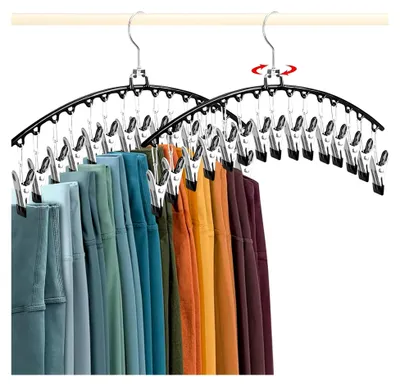 Produktbild von Platzsparende Mehrfach-Hosenbügel (2 Stück) – Praktische Klammern + 360° drehbarer Edelstahlhaken – Ideal für Leggings, Shorts, Röcke & Mützen – Kleiderschrank-Organizer (15 Clips)