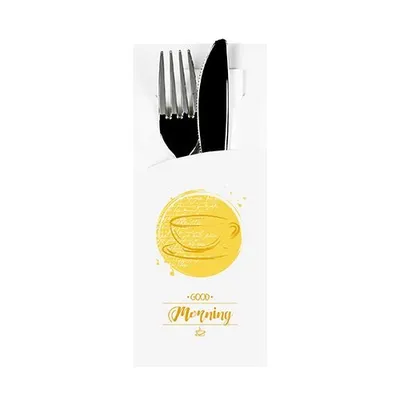 Zdjęcie produktu dla 520 Papstar torebki na sztućce 20 cm x 8,5 cm białe Good Morning z białą serwetką 33 x 33 cm 2-warstwowe 87231