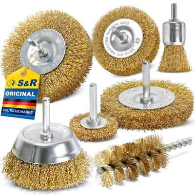 Produktbild von S&R Drahtbürste Set 7-teilig für Bohrmaschine Stahldraht vermessingt