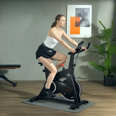 Image de Vélo d'intérieur, vélo de fitness, vélo stationnaire avec système de freinage magnétique et volant d'inertie de 10 kg – Transmission par courroie très silencieuse, écran LCD, support pour tablette, réglable, noir