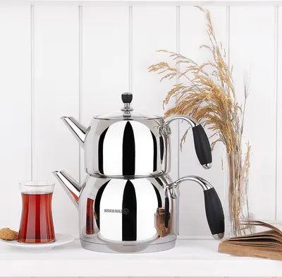 Produktbild von Korkmaz Flora Maxi Teekannen-Set 1,1 + 2,0 l aus 18/10 Edelstahl, silberfarben