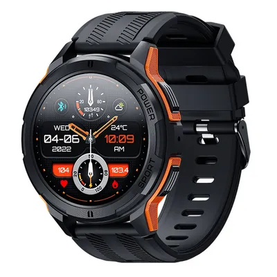 A close-up studio shot of a black and orange smartwatch against a white background.