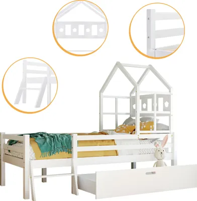 Zdjęcie produktu dla Łóżko dziecięce Sweiko, łóżko domowe 90x200 cm, z drabinką i szufladami, łóżko pojedyncze ze stelażem listwowym i zabezpieczeniem przed wypadnięciem, białe (bez materaca)