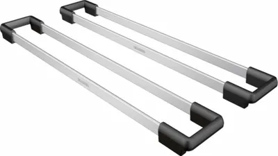 Two silver rails with black corner pieces, presented on a white background.