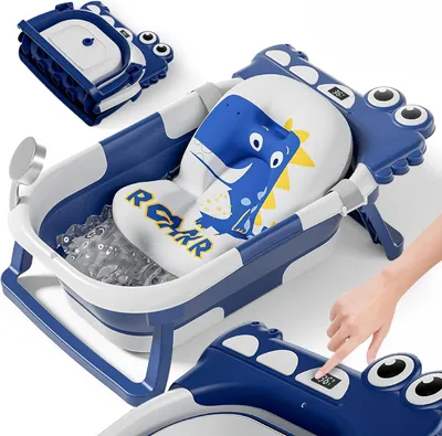 Immagine prodotto di Vaschetta da bagno pieghevole per neonati, colore blu, con cuscino da bagno e termometro