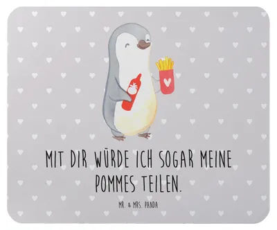 Produktbild von Mr. & Mrs. Panda Mouse Pad Pinguin Pommes - Grau Pastell - Geschenk, pc mousepad, Mauspad, Valentinstag, Hochzeitstag, für Partner, Freundin, Liebesgeschenk, Frauen