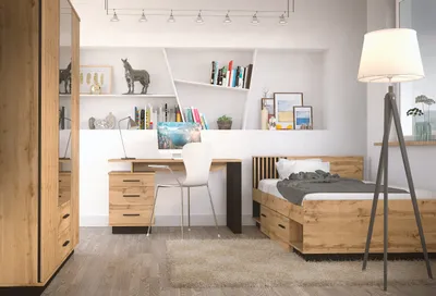 Produktbild von Jugendzimmer Lamelo 3 teiliges Komplett Set in Eiche Wotan und Schwarz matt - Jugendzimmer Kinderzimmer Möbel Teenagerzimmer