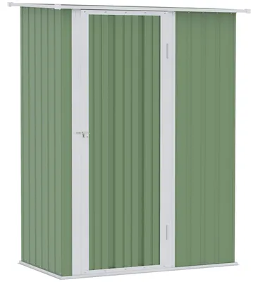 Immagine prodotto di Moonbite, capanno per attrezzi di 142 x 84 x 189 cm, realizzato in acciaio ondulato. Casotto da giardino con serratura sulla porta e tetto inclinato, resistente agli agenti atmosferici, con spazio per riporre gli attrezzi. Materiale: acciaio. Colore: verde