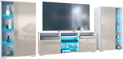 Produktbild von Vladon Wohnwand Davos, Anbauwand bestehend aus 2 Vitrinen und 1 TV-Board, Weiß matt/Sandgrau Hochglanz inkl. LED-Beleuchtung (329 x 134 x 35 cm)