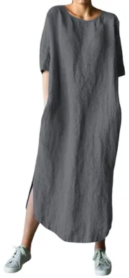 Imagen del producto de Vestido maxi de algodón para mujer, corte holgado con mangas de tres cuartos, color gris