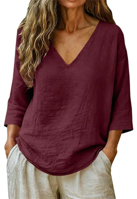 Produktbild von ASKSA Damen T-Shirt V-Ausschnitt 3/4 aermel Sommer Leinenbluse Musselin Bluse Einfarbig Casual Lose Basic Oberteile (Weinrot,S)