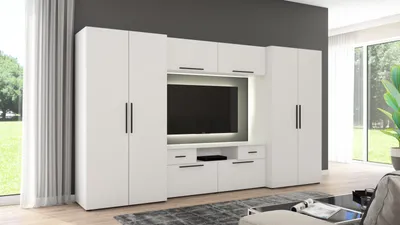 Produktbild von Meblast | Zeus Wohnwand; Weiß - Premium Beschläge | Möbel, Klarheit, Premium TV-Möbel, Große Anbauwand, Schrankwand, Wohnzimmer-Set, Sonoma Eiche