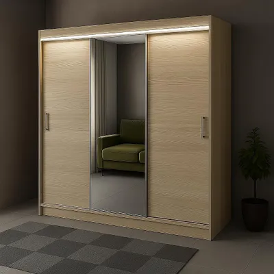 Obrázek produktu pro Třídveřová posuvná skříň RIO-4, 180 × 215 cm, barva sonoma – zrcadlo na čele, v ceně police, tyče, LED osvětlení, kvalitní zpracování, snadná montáž