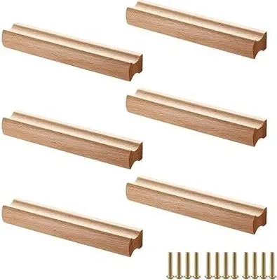 Produktbild von 6 Stück Möbelgriffe Holz, Schrankgriffe Holz mit Schrauben, Lochabstand 160 mm, für Schränke, Bäder, Büros und Küchen