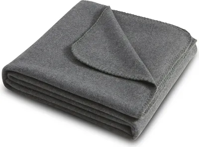 A folded gray fleece blanket is shown on a white background.