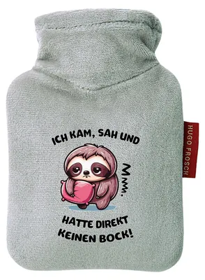 Produktbild von Huuraa Mini-Wärmflasche Kam sah und direkt keinen Bock Faultier 0,2 Liter Grey Mini Veloursbezug Taschenwärmer Geschenkidee