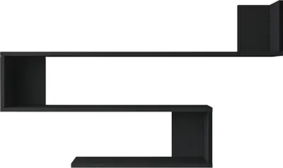 A black, modern, zig-zag shaped wall shelf is displayed against a white background.