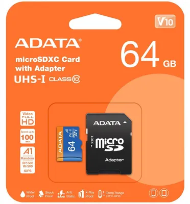 Zdjęcie produktu dla ADATA 64GB, microSDHC, Class 10, 64 GB, MicroSDHC, Klasa 10, UHS-I, 85 MB/s, 25 MB/s