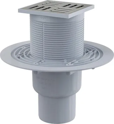 A floor drain assembly with a stainless steel grate and a plastic body, shown against a white background.