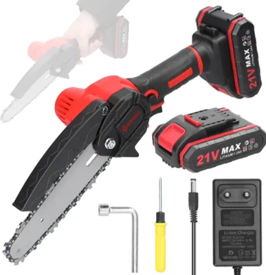 A collection of items related to a cordless chainsaw, including the chainsaw itself, batteries, a charger, and tools.