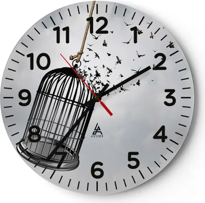 Produktbild von Wanduhr - Rund - Glasuhr - Freiheit Käfig Vögel - 30x30cm - Schleichendes Uhrwerk - Lautlos - zum Aufhängen bereit - Dekoration Modern - Wanddekoration aus Glas - C4AR30x30-4997