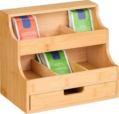 Produktbild von Relaxdays Tee Organizer, 9 Fächer, aus Bambus, HxBxT: 24 x 27 x 17 cm, Mit Schublade, Teeregal vertikal, natur