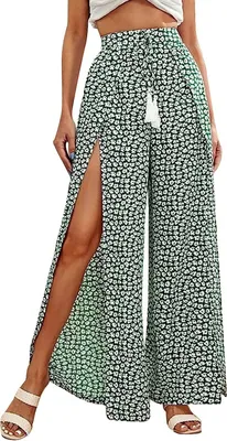 Produktbild von ASKSA Damen Druck Strandhose Sommerhose Wickelhose Weites Bein Hose Mit Schlitz Lose Sporthose Freizeithose, Grün, S
