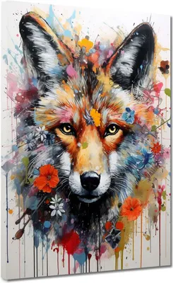 Produktbild von Fuchs Pop Art bunt mit Blumen Leinwandbild Wandbild Deko: 30x40x2cm