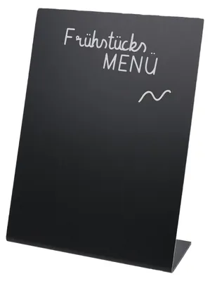 Kreidetafel als Tischaufsteller von HMF in DIN A6 Hochformat als L-Ständer in Schwarz