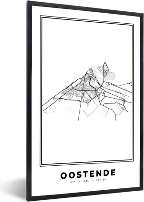 Produktbild von MuchoWow® Gerahmtes Poster Belgien - Ostende - Stadtplan - Karte - Schwarz und weiß - Karte 20x30 cm - Poster mit Schwarzem Bilderrahmen Wandposter Rahmen Foto Bilder - Drucken - Bilder Poster im Rahmen