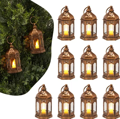 Produktbild von VEVOR 12 Stk. dekorative Kerzenlaternen, elektrische LED-Kerzen ohne Flamme, Halter aus Kunststoff mit Glas, Wandbehang für die Veranda, Hochzeitstische, Partys, Bauernhäuser, Bronze, 65x65x128 mm