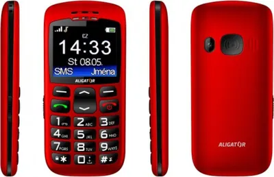 Multiple views of a red Aligator A670 Senior mobile phone.