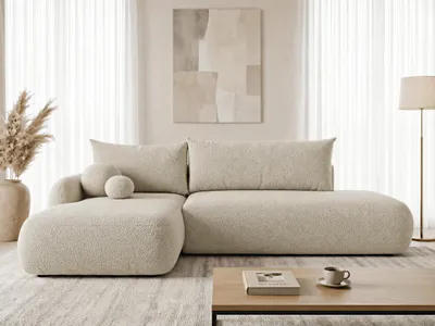 Produktbild von Ecksofa Neto mit Schlaffunktion und Bettkasten - Bouclé-Stoff - L-Form Couch, Polstersofa, Schlafsofa, Sofagarnitur, Bettsofa (Beige (Coral 65), Ecksofa Links)