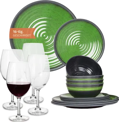 Produktbild von Melamin Camping Geschirr Set 4 Personen Stone Green + 4 Tiamo Rotwein Gläser Rot Weingläser Tafelgeschirr Picknick BBQ Kochgeschirr