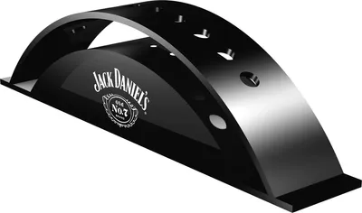 A black dart stand with the Jack Daniels logo.