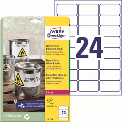 Zdjęcie produktu dla Avery L4773-8, Biały, Samoprzylepne etykiety do drukowania, A4, Poliester, Laser, Na stałe