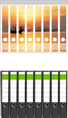 Produktbild von Wallario 8 Stück schmale Ordner inkl. Klebeetiketten mit Motive Thailändisches Fischerboot vor Sonnenuntergang -  Set mit Rückenschildern / Ordnerrücken Stickern