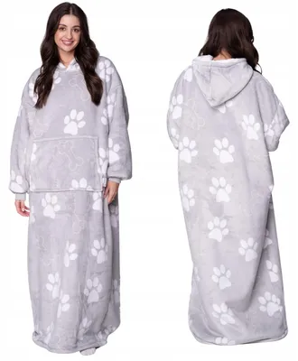 Produktbild von Langer Deckenpullover XXL - Kuscheldecke mit Ärmeln - Fleece Pfoten Bodenlang
