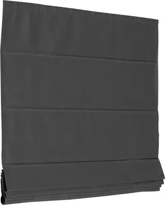 A close-up, front-facing view of a dark gray Roman blind.