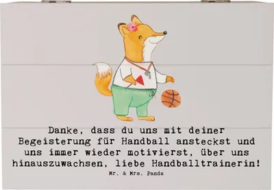 Produktbild von Mr. & Mrs. Panda Schatulle Handball Trainerin Dankeschön 22 x 15 cm - Grau Pastell - Geschenk, Holztruhe, hartes Training, Danke, Fairness, Geschenkbox, Wertschätzung
