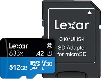 Zdjęcie produktu dla Lexar 633x, 512 GB, MicroSDXC, Klasa 10, UHS-I, 100 MB/s, 70 MB/s